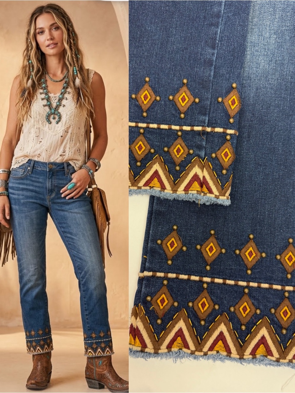 Driftwood Colette Cropped High Rise Bootcut Flare Jeans Embroidered Beaded Aztec